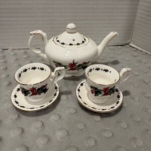 Festive  Miniature White Tea Set with Holly Design